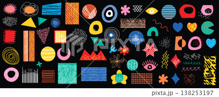 Retro geometric doodle shapes mega set in flat graphic design. Collection elements with abstract different types of spots, stars, moons, eyes, hearts, line texture, arrows, other. Vector illustration. 138253197