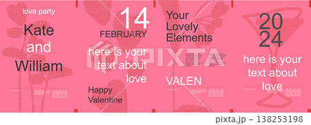 Valentine day modern banner with trendy minimalist typography design. Poster templates with flowers, plants and cocktails glass pink silhouettes and text elements for invitation. Vector illustration. 138253198