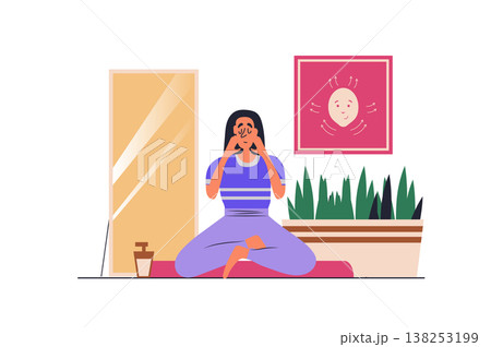 Massage face web concept with people scene in flat design. Woman doing facial lifting massage using hands technique, doing care drainage routine. Vector illustration with character situation for web 138253199