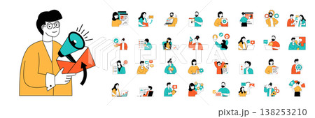 Marketing and development concept with character situations mega set in flat web design. Bundle of scenes people programming and releasing products, making online promotion. Vector illustrations. 138253210