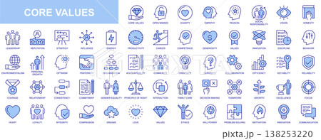 Core values web icons set in duotone outline stroke design. Pack pictograms with open mind, charity, empathy, passion, social responsibility, honesty, reputation, love, family. Vector illustration. Core values web icons set in duotone outline stroke design. Pack pictograms with open mind, charity, empathy, passion, social responsibility, honesty, reputation, love, family. Vector illustration. 138253220