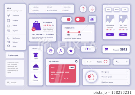 User interface elements set for Commerce mobile app or web. Kit template with HUD, shop menu, product order, price, purchase payment, marketplace navigation. Pack of UI, UX, GUI. Vector components. User interface elements set for Commerce mobile app or web. Kit template with HUD, shop menu, product order, price, purchase payment, marketplace navigation. Pack of UI, UX, GUI. Vector components. 138253231