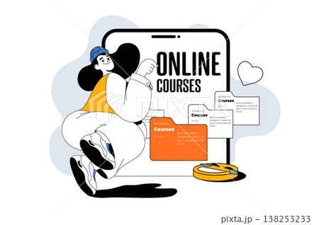 Online courses outline web modern concept in flat line design. Woman studying at virtual educational platform with video lessons. Vector illustration for social media banner, marketing material. 138253233