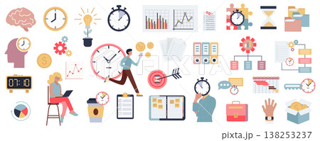 Time management mega set in flat graphic design. Collection elements of office workflow signs, countdown clock, schedules, hourglass, business deadline, hurry employees, other. Vector illustration. 138253237
