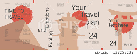Travel modern banner with trendy minimalist typography design. Poster templates with china architecture and worldwide landmarks and text elements for vacation tour and travelling. Vector illustration. 138253238