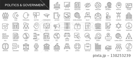 Politics and government web icons set in thin line design. Pack of statistics, diplomacy, tv news, debate, election, corruption, ballot, vote, other outline stroke pictograms. Vector illustration. Politics and government web icons set in thin line design. Pack of statistics, diplomacy, tv news, debate, election, corruption, ballot, vote, other outline stroke pictograms. Vector illustration. 138253239