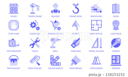 Constructions tools web icons set in duotone flat design. Pack pictograms with house, tower crane, builder, brickwork, door, cogwheel, wheelbarrow, trowel, blueprint, key, other. Vector illustration. 138253252
