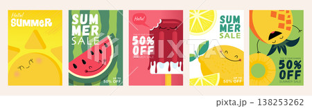 Summer sale cover brochure set in trendy flat design. Summertime banner templates with cute sun, watermelon, ice cream, lemon and pineapple with funny faces and shopping offers. Vector illustration. 138253262