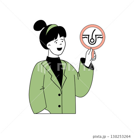 Beauty salon concept with cartoon people in flat design for web. Woman working in therapy clinic and researching hair problems. Vector illustration for social media banner, marketing material. 138253264