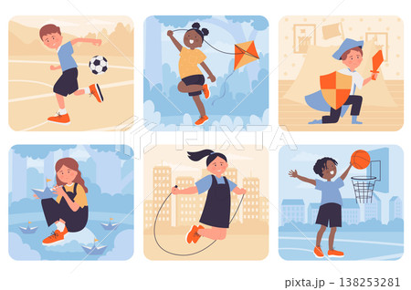 Kids play games concept with people situation set in flat web design. Bundle scenes with multiethnic characters play football or basketball, fly kite, launch paper boats, other. Vector illustrations. 138253281