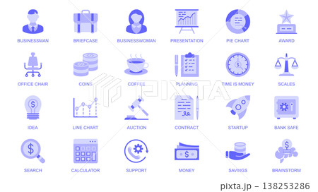 Business essential web icons set in duotone flat design. Pack pictograms with businessman, briefcase, presentation, award, office chair, money, coffee, planning, startup, other. Vector illustration. Business essential web icons set in duotone flat design. Pack pictograms with businessman, briefcase, presentation, award, office chair, money, coffee, planning, startup, other. Vector illustration. 138253286