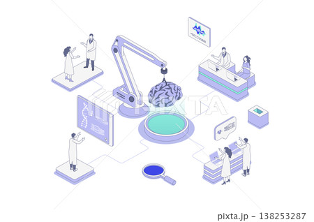 Medical laboratory isometric concept in outline isometry design for web. People scientists doing scientific research on human brain, studying dna molecule, making genetic tests. Vector illustration. Medical laboratory isometric concept in outline isometry design for web. People scientists doing scientific research on human brain, studying dna molecule, making genetic tests. Vector illustration. 138253287