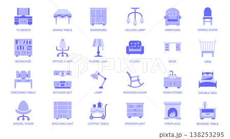Furniture web icons set in duotone flat design. Pack pictograms with tv bench, dining table, wardrobe, ceiling lamp, armchair, chair, bookcase, couch, crib, shelving unit, other. Vector illustration. 138253295
