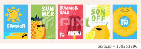 Summer sale cover brochure set in trendy flat design. Summertime banner templates with cute sun, pineapple, ice cream, lemon and swim rubber ring with funny faces and price offer. Vector illustration. Summer sale cover brochure set in trendy flat design. Summertime banner templates with cute sun, pineapple, ice cream, lemon and swim rubber ring with funny faces and price offer. Vector illustration. 138253296