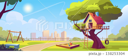 Child playground in city park background banner in cartoon design. Wooden house on tree with ladder, sandbox with toys, swing carousels, bench and path, cityscape backdrop. Vector cartoon illustration 138253304