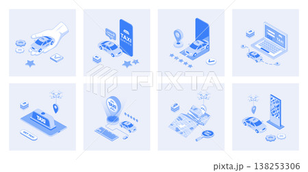 Taxi service 3d isometric concept set with isometric icons design for web. Collection of online car booking, map navigation in mobile app, ordering cab with best driver rating. Vector illustration 138253306