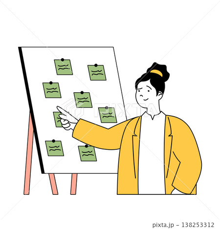 Time management concept with cartoon people in flat design for web. Woman doing workflow tasks with priority notes at board in office. Vector illustration for social media banner, marketing material. 138253312
