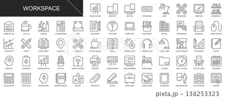 Workspace web icons set in thin line design. Pack of office, workplace, computer, teamwork, statistic, tools, brainstorm, presentation, document, other outline stroke pictograms. Vector illustration. Workspace web icons set in thin line design. Pack of office, workplace, computer, teamwork, statistic, tools, brainstorm, presentation, document, other outline stroke pictograms. Vector illustration. 138253323
