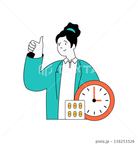 Coronavirus concept with cartoon people in flat design for web. Woman is sick with virus disease and takes medication pills on time. Vector illustration for social media banner, marketing material. 138253326