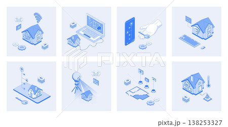 Smart home 3d isometric concept set with isometric icons design for web. Collection of wireless connection, automation house monitoring sensor system, surveillance security camera. Vector illustration Smart home 3d isometric concept set with isometric icons design for web. Collection of wireless connection, automation house monitoring sensor system, surveillance security camera. Vector illustration 138253327