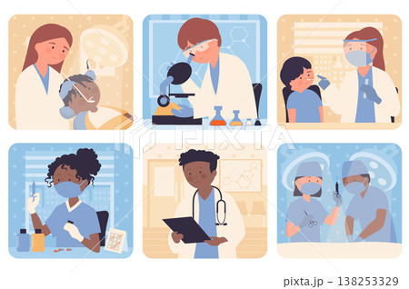 Medical service concept with people situation set in flat web design. Bundle scenes with multiethnic diverse characters of pediatrician or dentist help, laboratory, vaccination. Vector illustrations. Medical service concept with people situation set in flat web design. Bundle scenes with multiethnic diverse characters of pediatrician or dentist help, laboratory, vaccination. Vector illustrations. 138253329
