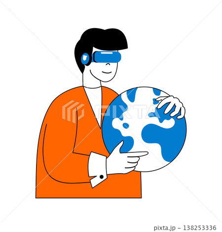 Virtual reality concept with cartoon people in flat design for web. Man in VR headset connecting with globe network and metaverse. Vector illustration for social media banner, marketing material. Virtual reality concept with cartoon people in flat design for web. Man in VR headset connecting with globe network and metaverse. Vector illustration for social media banner, marketing material. 138253336