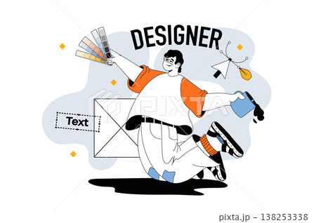 Designer outline web modern concept in flat line design. Man working with colours palette and text for digital creative projects. Vector illustration for social media banner, marketing material. Designer outline web modern concept in flat line design. Man working with colours palette and text for digital creative projects. Vector illustration for social media banner, marketing material. 138253338