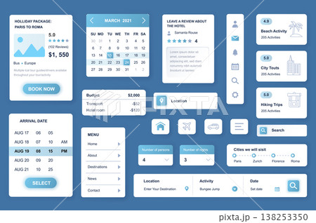 User interface elements set for Travel agency mobile app or web. Kit template with HUD, calendar, tour information, destinations, hotel review, search trip. Pack of UI, UX, GUI. Vector components. User interface elements set for Travel agency mobile app or web. Kit template with HUD, calendar, tour information, destinations, hotel review, search trip. Pack of UI, UX, GUI. Vector components. 138253350