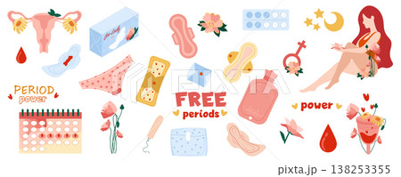 Menstrual period mega set in cartoon graphic design. Bundle elements of feminine hygiene products, pads, tampons, menstrual cup, calendar, uterus, flowers, drops. Vector illustration isolated objects Menstrual period mega set in cartoon graphic design. Bundle elements of feminine hygiene products, pads, tampons, menstrual cup, calendar, uterus, flowers, drops. Vector illustration isolated objects 138253355