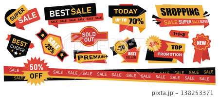 Sale tags mega set in flat graphic design. Collection elements of advertising stickers or badges for shopping clearance offers with discount percent prices and promo announcement. Vector illustration. Sale tags mega set in flat graphic design. Collection elements of advertising stickers or badges for shopping clearance offers with discount percent prices and promo announcement. Vector illustration. 138253371