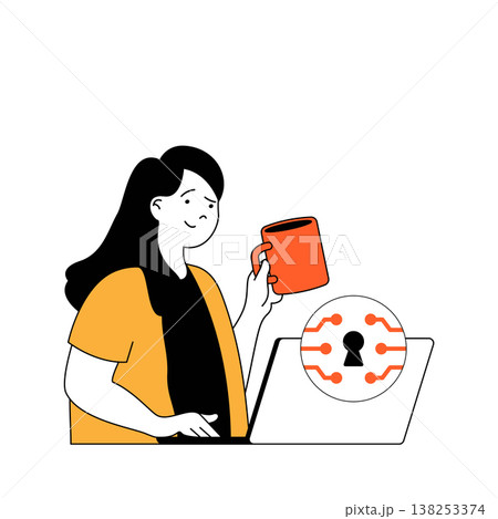 Cyber security concept with cartoon people in flat design for web. Woman using safety online connect and shielding laptop with key. Vector illustration for social media banner, marketing material. 138253374