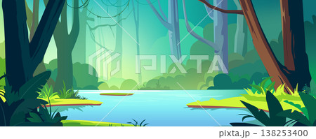 Tropical jungle with river background banner in cartoon design. Wildlife overgrown rainforest with lianas on green trees, lush bushes, ferns and grass, blue water pond. Vector cartoon illustration Tropical jungle with river background banner in cartoon design. Wildlife overgrown rainforest with lianas on green trees, lush bushes, ferns and grass, blue water pond. Vector cartoon illustration 138253400