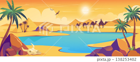 Oasis view in desert background banner in cartoon design. Dark silhouette of camel caravan, dry sand space with dunes and hills, blue water lake with palm trees and stones. Vector cartoon illustration 138253402