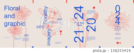 Floral modern banner with trendy minimalistic typography design. Poster templates with dahlia, lily and blossom lotus stems silhouettes, abstract geometric shapes, text elements. Vector illustration. 138253414