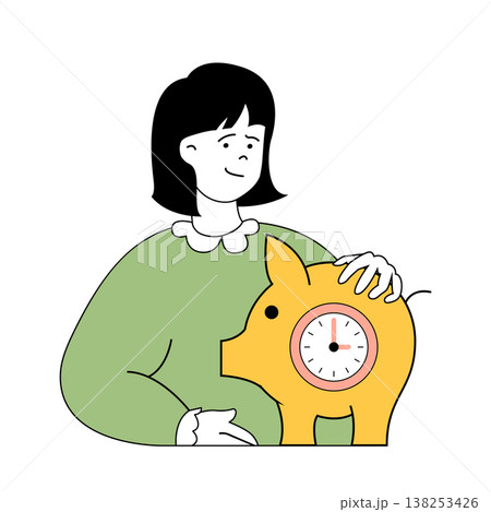 Time management concept with cartoon people in flat design for web. Woman successfully finishing work to deadline and earning money. Vector illustration for social media banner, marketing material. 138253426