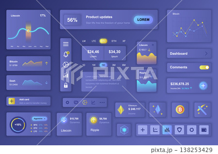 User interface elements set for Cryptocurrency mobile app or web. Kit template with HUD, finance statistics, trading data, bitcoin graph, currency exchange. Pack of UI, UX, GUI. Vector components. User interface elements set for Cryptocurrency mobile app or web. Kit template with HUD, finance statistics, trading data, bitcoin graph, currency exchange. Pack of UI, UX, GUI. Vector components. 138253429