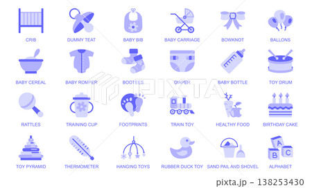 Baby elements web icons set in duotone flat design. Pack pictograms with crib, dummy teat, bib, carriage, bowknot, balloons, cereal, romper, booties, diaper, bottle, toys, other. Vector illustration. 138253430