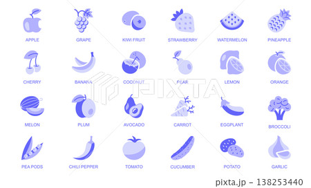 Fruit and vegetable web icons set in duotone flat design. Pack pictograms with apple, grape, kiwi, strawberry, watermelon, pineapple, cherry, banana, coconut, pear, lemon, other. Vector illustration. Fruit and vegetable web icons set in duotone flat design. Pack pictograms with apple, grape, kiwi, strawberry, watermelon, pineapple, cherry, banana, coconut, pear, lemon, other. Vector illustration. 138253440
