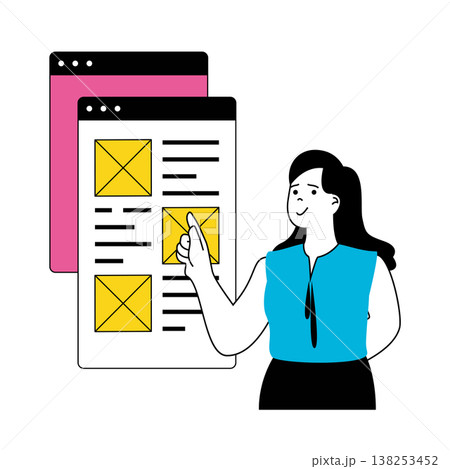 Design development concept with cartoon people in flat design for web. Woman making wireframe interface layout at mobile app screen. Vector illustration for social media banner, marketing material. 138253452