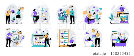 Social network web concept with people scenes mega set in flat design. Bundle of character situations with online communication, follow blogs, sharing posts, global community. Vector illustrations. Social network web concept with people scenes mega set in flat design. Bundle of character situations with online communication, follow blogs, sharing posts, global community. Vector illustrations. 138253453