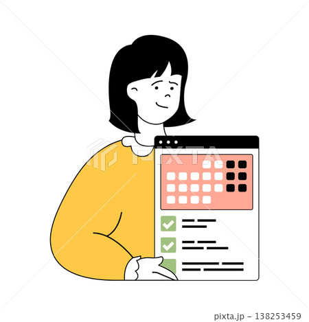 Time management concept with cartoon people in flat design for web. Woman making organization and optimization processes with calendar. Vector illustration for social media banner, marketing material. Time management concept with cartoon people in flat design for web. Woman making organization and optimization processes with calendar. Vector illustration for social media banner, marketing material. 138253459