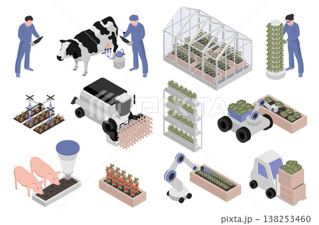 Greenhouse farming isometric elements constructor mega set. Creator kit with flat graphic farmers, livestock, smart planting automation machinery, harvesting. Vector illustration in 3d isometry design Greenhouse farming isometric elements constructor mega set. Creator kit with flat graphic farmers, livestock, smart planting automation machinery, harvesting. Vector illustration in 3d isometry design 138253460