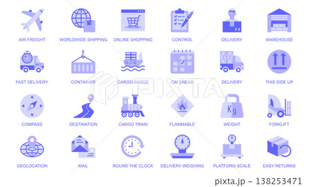 Worldwide delivery web icons set in duotone flat design. Pack pictograms with air freight, shipping, online shopping, control, warehouse, container, location, destination, mail. Vector illustration. 138253471