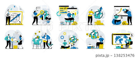 Global economic web concept with people scenes mega set in flat design. Bundle of character situations with developing international business, researching worldwide market trend. Vector illustrations. Global economic web concept with people scenes mega set in flat design. Bundle of character situations with developing international business, researching worldwide market trend. Vector illustrations. 138253476