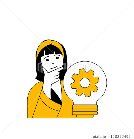 Digital business concept with cartoon people in flat design for web. Woman promoting e-business, brainstorms and finds new solution. Vector illustration for social media banner, marketing material. 138253493