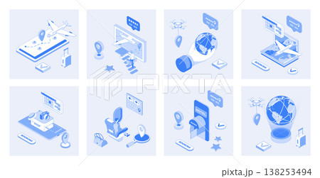 Booking 3d isometric concept set with isometry icons design for web. Collection of airplane route map, tickets searching, ordering luggage transportation, hotel room reservation. Vector illustration Booking 3d isometric concept set with isometry icons design for web. Collection of airplane route map, tickets searching, ordering luggage transportation, hotel room reservation. Vector illustration 138253494