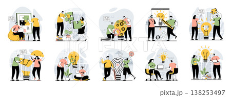 Teamwork web concept with people scenes mega set in flat design. Bundle of character situations with brainstorming for developing business, working together, team collaboration. Vector illustrations. Teamwork web concept with people scenes mega set in flat design. Bundle of character situations with brainstorming for developing business, working together, team collaboration. Vector illustrations. 138253497