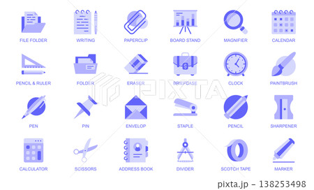 Stationery web icons set in duotone flat design. Pack pictograms with file folder, writing, paperclip, board stand, magnifier, calendar, pencil, ruler, eraser, briefcase, clock. Vector illustration. Stationery web icons set in duotone flat design. Pack pictograms with file folder, writing, paperclip, board stand, magnifier, calendar, pencil, ruler, eraser, briefcase, clock. Vector illustration. 138253498