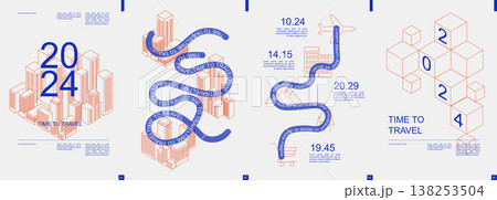 Travel modern banner with trendy minimalist typography design. Poster templates with graphic city skyscrapers, road route, flight destination to landmarks and text elements. Vector illustration. Travel modern banner with trendy minimalist typography design. Poster templates with graphic city skyscrapers, road route, flight destination to landmarks and text elements. Vector illustration. 138253504