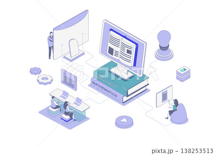 Online studying isometric concept in outline isometry design for web. People reading digital books at computer, learning with ebooks and textbooks, doing homework distantly. Vector illustration. Online studying isometric concept in outline isometry design for web. People reading digital books at computer, learning with ebooks and textbooks, doing homework distantly. Vector illustration. 138253513